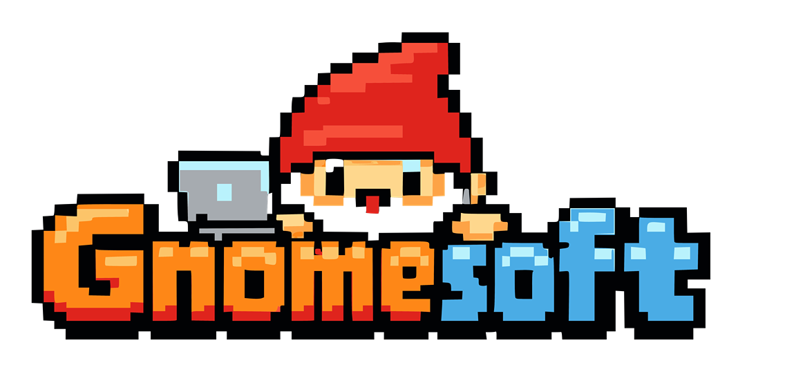 Pixel gnome mascot typing on a laptop